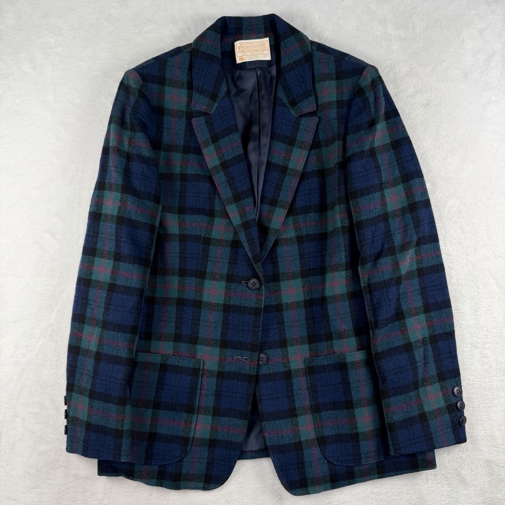 Vtg Pendleton Blazer Black Watch Tartan Plaid One Button 100% Wool Tweed Coat